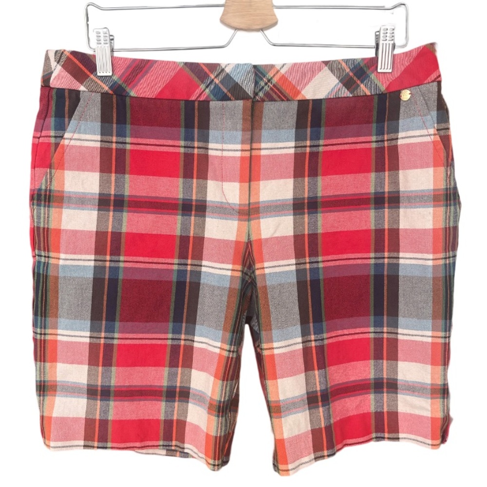 Trina Turk Red Plaid Bermuda Shorts with Multicolor Accents